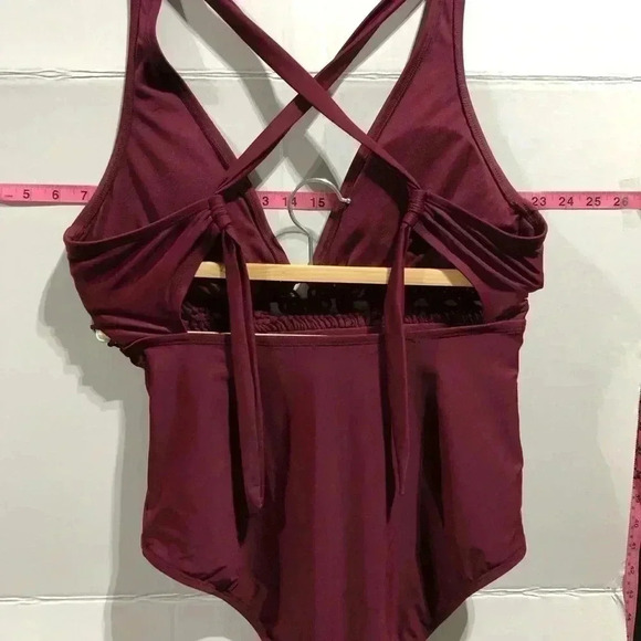 Kona Sol Macrame Cut out low cut One Piece Burgundy Swimsuit,cross back scoop - Picture 4 of 11